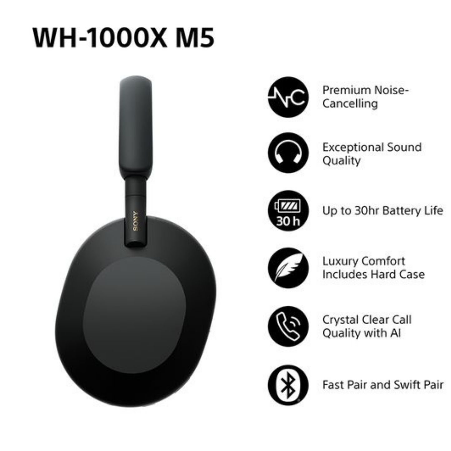 Sony WH‑1000XM5 Wireless Noise Cancelling Black Headphones
